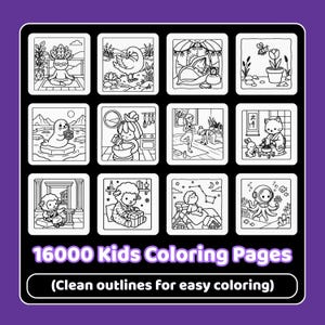 May include: A collection of twelve black and white line art illustrations for coloring, featuring various characters like a seal, a cat, and sheep. The text 16000 Kids Coloring Pages and Clean outlines for easy coloring is displayed below.