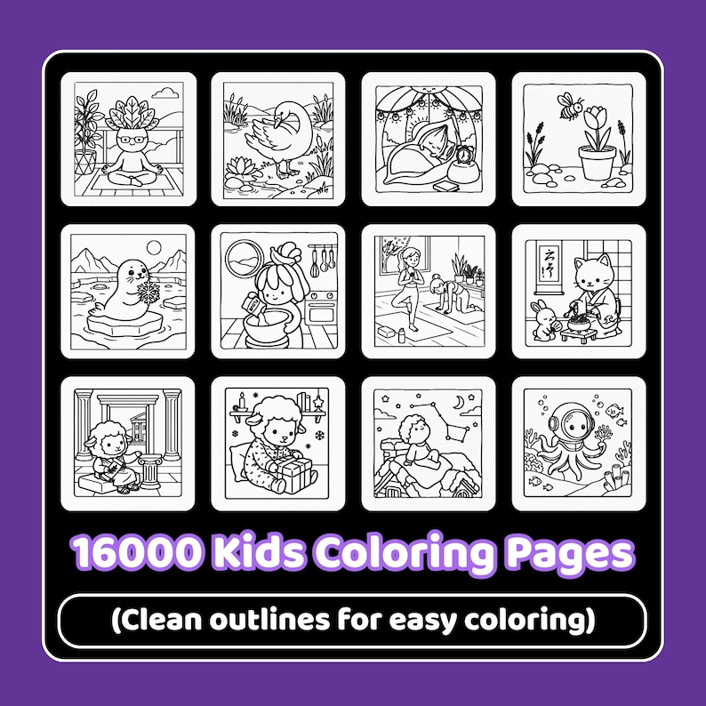 May include: A collection of twelve black and white line art illustrations for coloring, featuring various characters like a seal, a cat, and sheep. The text 16000 Kids Coloring Pages and Clean outlines for easy coloring is displayed below.