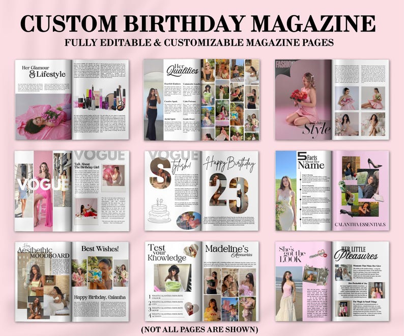 May include: A custom birthday magazine with fully editable and customizable pages. The magazine features various layouts with photos and text, including sections titled "Her Glamour & Lifestyle," "Qualities," and "Happy Birthday 23."