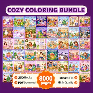 May include: A digital bundle of 250 coloring books featuring 8000 pages of illustrations. The collection includes titles like Ghost Glow, Spooky Summer, and Cozy Christmas, displayed in a grid format with a purple background and text.
