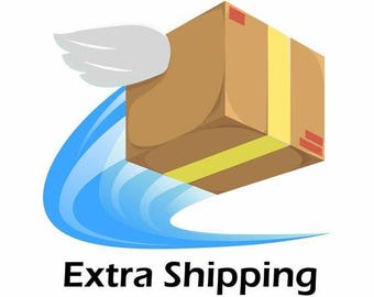 May include: A brown cardboard box with a yellow stripe and red accents, featuring white wings on the side and a blue motion trail underneath. The text Extra Shipping is printed in black at the bottom of this graphic illustration.
