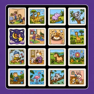 May include: A grid of sixteen square illustrations featuring cartoon animals and characters in various settings, including a giraffe, a hippo, a koala, a bear in a mug, a cat gardening, a horse, a flamingo, and a red panda, all with colorful outlines.