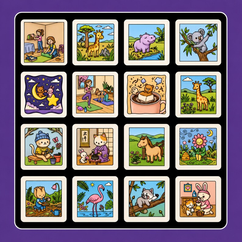 May include: A grid of sixteen square illustrations featuring cartoon animals and characters in various settings, including a giraffe, a hippo, a koala, a bear in a mug, a cat gardening, a horse, a flamingo, and a red panda, all with colorful outlines.