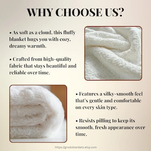 May include: A close-up of a fluffy white blanket. The image includes the text "WHY CHOOSE US?" and bullet points describing the blanket's features, such as softness, high-quality fabric, and a silky-smooth feel. The website address is also visible.