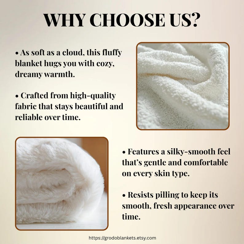 May include: A close-up of a fluffy white blanket. The image includes the text "WHY CHOOSE US?" and bullet points describing the blanket's features, such as softness, high-quality fabric, and a silky-smooth feel. The website address is also visible.