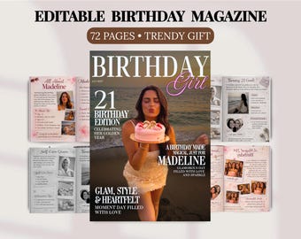 Plantilla de revista de cumpleaños personalizada, libro de revista personalizado en Canva, regalo de recuerdo de cumpleaños para la mejor amiga, amiga íntima o hermana. Regalos editables.