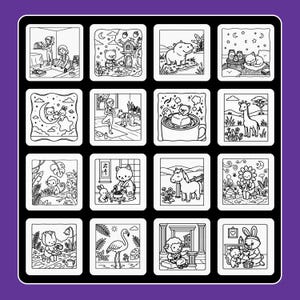 May include: A grid of sixteen square black and white line art illustrations featuring various scenes including animals, nature, and people. The drawings depict subjects such as a person crafting, a bear in a treehouse, a hippo, a cat, yoga, a giraffe, a monkey, a cat in a kimono, a horse, a flower person, a tulip, a flamingo, a sheep, and a rabbit with a cat.