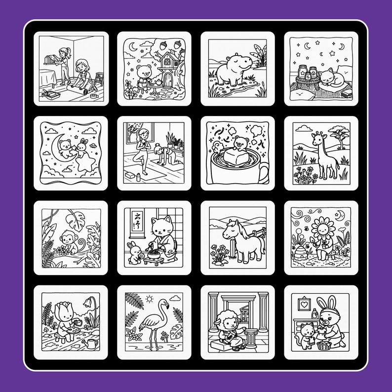 May include: A grid of sixteen square black and white line art illustrations featuring various scenes including animals, nature, and people. The drawings depict subjects such as a person crafting, a bear in a treehouse, a hippo, a cat, yoga, a giraffe, a monkey, a cat in a kimono, a horse, a flower person, a tulip, a flamingo, a sheep, and a rabbit with a cat.
