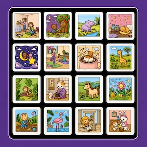 May include: A grid of sixteen square illustrations featuring various cartoon characters including animals, people, and mythical creatures in diverse settings like nature, indoor rooms, and night scenes, all enclosed within a dark purple border frame.