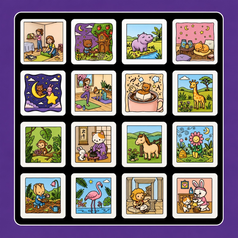 May include: A grid of sixteen square illustrations featuring various cartoon characters including animals, people, and mythical creatures in diverse settings like nature, indoor rooms, and night scenes, all enclosed within a dark purple border frame.