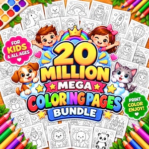 May include: A digital graphic featuring the text 20 MILLION MEGA COLORING PAGES BUNDLE, surrounded by various black and white line art illustrations of animals, space themes, and characters, with colorful pencils and a paint set visible.