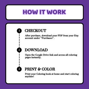 May include: A purple and white instructional graphic titled HOW IT WORK. It outlines three steps: 1 CHECKOUT, download your PDF from Etsy; 2 DOWNLOAD, open the Google Drive link; 3 PRINT & COLOR, print your coloring book at home to start coloring.