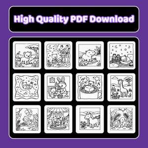 May include: A digital collection of twelve black and white coloring pages featuring various animals including a lion, bear, hippo, cat, rabbit, giraffe, monkey, horse, and turtle. The top banner displays the text High Quality PDF Download.