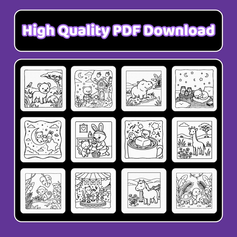 May include: A digital collection of twelve black and white coloring pages featuring various animals including a lion, bear, hippo, cat, rabbit, giraffe, monkey, horse, and turtle. The top banner displays the text High Quality PDF Download.