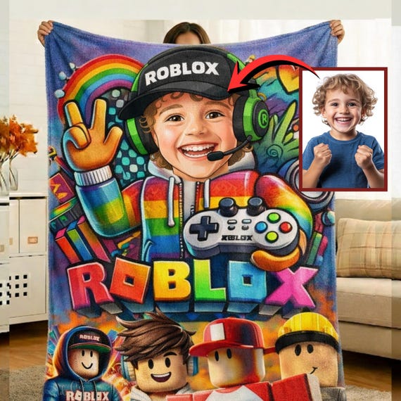 Custom Roblox Blanket with Child Face, Personalized Blanket for Kids & Gamers, Cozy Soft Throw, Custom Roblox Gift for Boys Girls, Kid Gifts