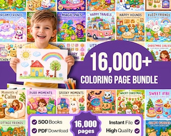 Gemütliches 16.000 Malseiten, Malbuch zum Ausdrucken, Kinder zum Ausmalen, Färbung Mega Bundle, PNG, Ausmalbilder, Trendiger Sommer, PDF