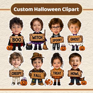May include: Eight cartoon-style illustrations of children in Halloween costumes, including a vampire, witch, skeleton, ghost, mummy, scarecrow, pumpkin, and werewolf. Each figure holds a wooden sign with text: BOO, WITCH, SPOOKY, GHOST, CREEPY, FALL, TREAT, HOWL.