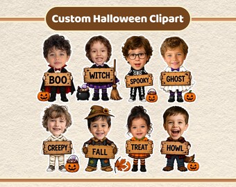 Halloween-Kinder-Cliparts mit Gesichtern, individuelle Herbst-Kinder-Cliparts, Herbst-Foto-Vorlage, Halloween-Schulpinnwand, Körperausschnitt, Halloween-Dekorationen