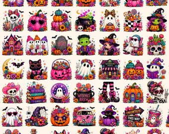 Buntes Halloween-PNG-Bundle, gestreift, Retro, Gruselsaison, heißer Grusel-Neon-Halloween-Kürbis, süßes Boo, adrettes rosa Halloween-Schleife