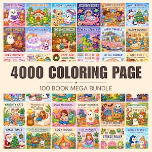 May include: A collection of 30 colorful coloring books with various themes, including "Ghost Glow," "Froggie Fest," and "Cozy Christmas." The text reads "4000 Coloring Page" and "100 Book Mega Bundle."