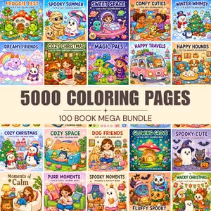 Pode incluir: Uma coleção de livros de colorir coloridos com vários temas, incluindo "Froggie Fest", "Spooky Summer" e "Cozy Christmas". A imagem apresenta o texto "5000 Coloring Pages" e "100 Book Mega Bundle."