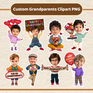 Pode incluir: Uma coleção de oito ilustrações digitais tipo clipart apresentando crianças e um homem idoso com cabeças desproporcionais. Os personagens seguram vários itens, incluindo balões, placas com texto e buquês de flores.
