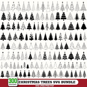 May include: A digital collection of 300 black and white Christmas tree illustrations in various styles, including line art, solid silhouettes, and geometric patterns. The graphic includes the text 300 DESIGNS CHRISTMAS TREES SVG BUNDLE.