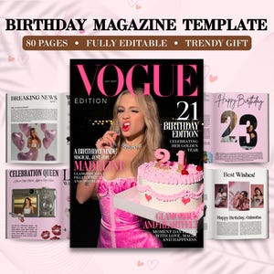May include: A birthday magazine template with a Vogue-style cover featuring a woman in pink. The magazine includes headlines like "Breaking News" and "Happy Birthday." The text reads "80 pages, fully editable, trendy gift."