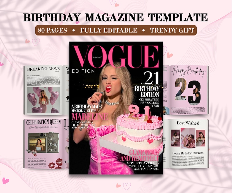 May include: A birthday magazine template with a Vogue-style cover featuring a woman in pink. The magazine includes headlines like "Breaking News" and "Happy Birthday." The text reads "80 pages, fully editable, trendy gift."