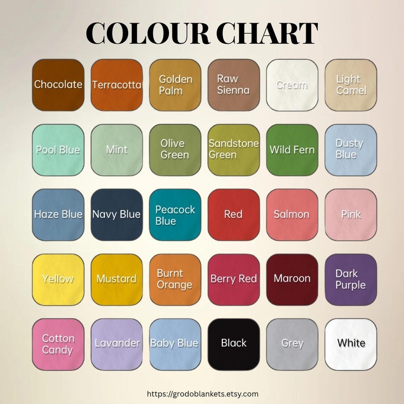 May include: A color chart with a variety of hues, including chocolate, terracotta, and golden palm. The chart also features shades like pool blue, mint, and olive green. The text "COLOUR CHART" is at the top.