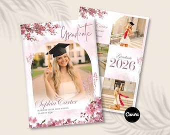 Floral Graduation Announcement Template | Canva Editable Senior Girl Grad Invite | Class Of 2026 Pink Graduation Card