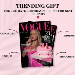 May include: A magazine cover with the text "VOGUE" and "21st Birthday Edition" next to a pink cake with cherries. The image also includes the text "TRENDING GIFT" and "THE ULTIMATE BIRTHDAY SURPRISE FOR BEST FRIENDS."
