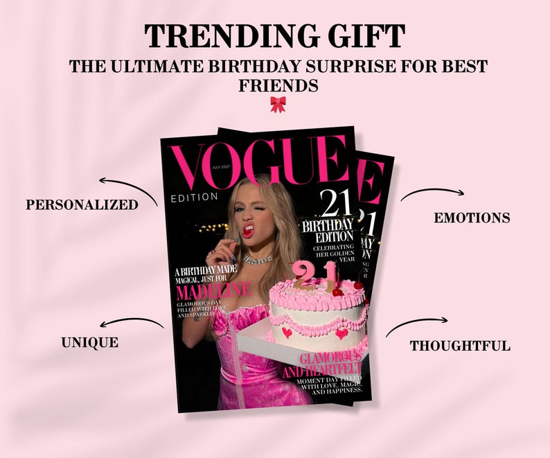 May include: A magazine cover with the text "VOGUE" and "21st Birthday Edition" next to a pink cake with cherries. The image also includes the text "TRENDING GIFT" and "THE ULTIMATE BIRTHDAY SURPRISE FOR BEST FRIENDS."