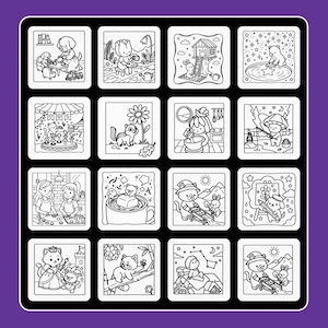 May include: A black and white coloring sheet featuring a grid of sixteen square illustrations. The drawings depict various scenes including animals having tea, a treehouse, a bear with a star, a cat at a carnival, a chipmunk, baking, fishing, and a princess.