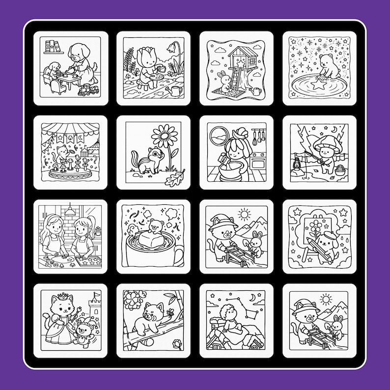 May include: A black and white coloring sheet featuring a grid of sixteen square illustrations. The drawings depict various scenes including animals having tea, a treehouse, a bear with a star, a cat at a carnival, a chipmunk, baking, fishing, and a princess.