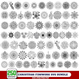 May include: A digital collection of 250 black and white graphic designs featuring various firework and starburst patterns, including rocket illustrations. The text at the bottom reads 250 DESIGNS CHRISTMAS FIREWORK SVG BUNDLE SVG+JPEG+PNG+PDF.