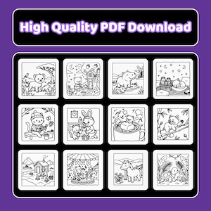 May include: A digital collection of twelve black and white coloring page illustrations featuring various animals including a lion, bear, hippo, cat, rabbit, and turtle in different settings. The text High Quality PDF Download is at the top.