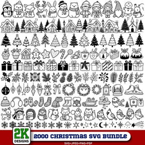 May include: A digital collection of black and white Christmas-themed line art illustrations featuring characters, houses, trees, gifts, holiday treats, ornaments, and snowflakes. The text 2000 CHRISTMAS SVG BUNDLE SVG+JPEG+PNG+PDF is at the bottom.