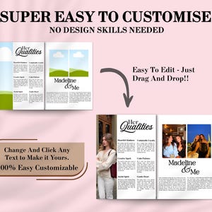 May include: A pink graphic with the text "SUPER EASY TO CUSTOMISE" and "NO DESIGN SKILLS NEEDED". The image shows a brochure with the text "Her Qualities" and "Madeline & Me". The text "Easy To Edit - Just Drag And Drop!!" is also visible.