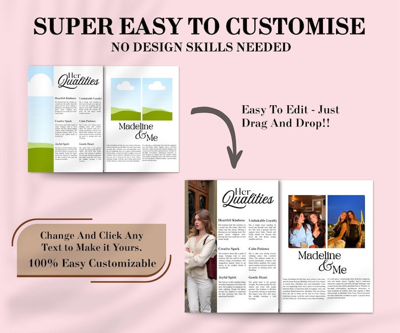 May include: A pink graphic with the text "SUPER EASY TO CUSTOMISE" and "NO DESIGN SKILLS NEEDED". The image shows a brochure with the text "Her Qualities" and "Madeline & Me". The text "Easy To Edit - Just Drag And Drop!!" is also visible.