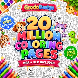 Pode incluir: Uma coleção digital de 20 milhões de páginas para colorir com ilustrações de filhote, gatinho, macaco e dinossauro. O texto diz GrodoDesign, 20 Million Coloring Pages, For Kids & All Ages, MRR + PLR Included e Print Color Enjoy.