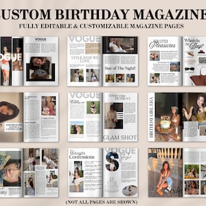 May include: A layout of custom birthday magazine pages with the text "CUSTOM BIRTHDAY MAGAZINE" and "FULLY EDITABLE & CUSTOMIZABLE MAGAZINE PAGES". The pages feature the word "VOGUE" and various photos and text.