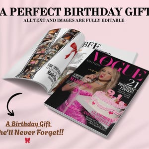 May include: An open magazine with a Vogue cover featuring a woman in pink holding a cake. The text reads "21 Birthday Edition". Another magazine shows a film strip of photos. Text: "A Perfect Birthday Gift".