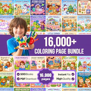 May include: A digital bundle of 16,000+ coloring pages featuring 500 books with various themes like Froggie Fest, Spooky Summer, Sweet Space, and Winter Whimsy. The graphic includes text stating 16,000+ Coloring Page Bundle, PDF Download, and Instant File.