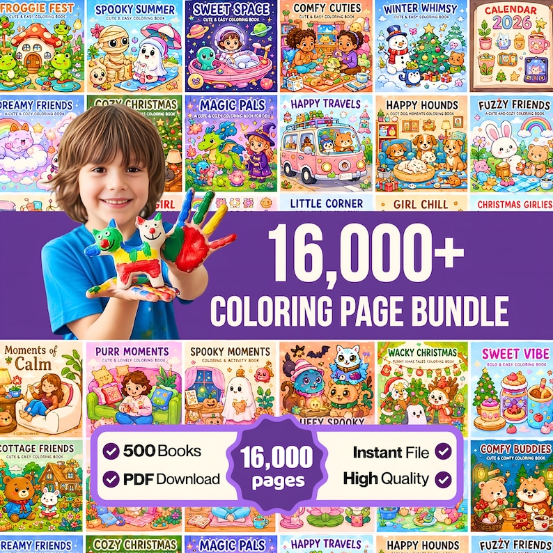 May include: A digital bundle of 16,000+ coloring pages featuring 500 books with various themes like Froggie Fest, Spooky Summer, Sweet Space, and Winter Whimsy. The graphic includes text stating 16,000+ Coloring Page Bundle, PDF Download, and Instant File.