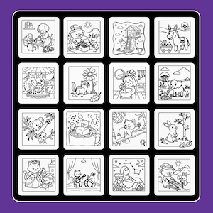 May include: A black and white grid of sixteen square illustrations featuring various animals including cats, rabbits, a donkey, an elephant, a koala, and a red panda engaged in activities like gardening, cooking, playing music, and relaxing.