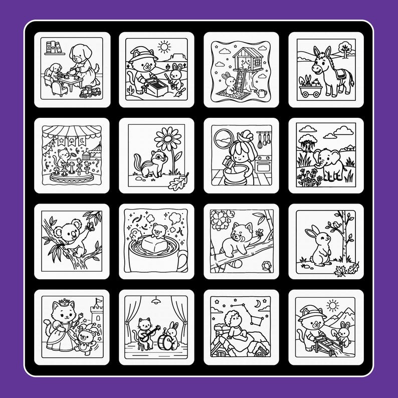 May include: A black and white grid of sixteen square illustrations featuring various animals including cats, rabbits, a donkey, an elephant, a koala, and a red panda engaged in activities like gardening, cooking, playing music, and relaxing.