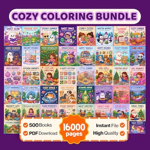 May include: A digital collection titled Cozy Coloring Bundle featuring 500 books and 16,000 pages in PDF format. The image displays a grid of 48 colorful book covers with various themes like ghosts, animals, holidays, and space, plus text labels.