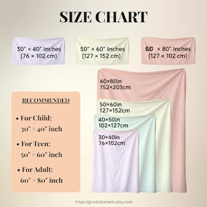 May include: Size chart for blankets, showing dimensions in inches and centimeters. Includes sizes for children, teens, and adults. The chart displays blanket sizes: 30" x 40", 50" x 60", and 60" x 80".
