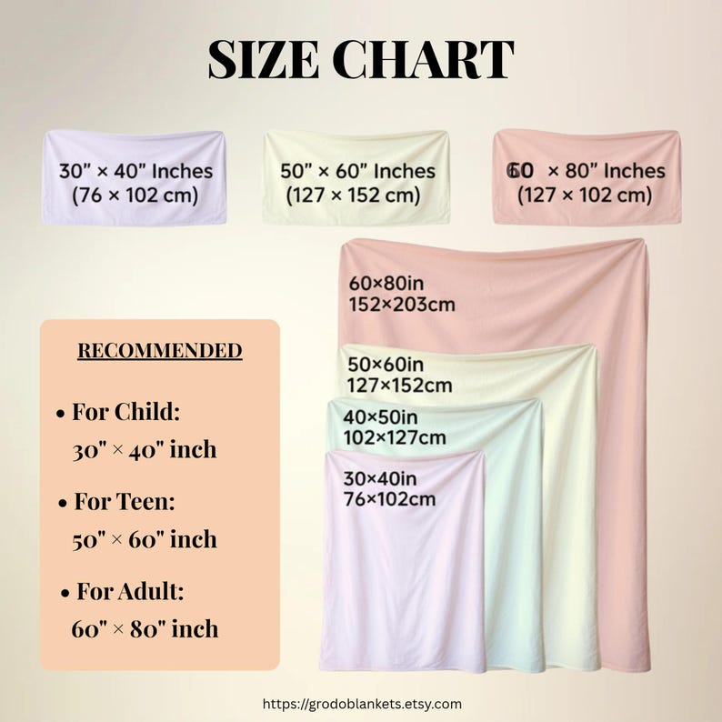 May include: Size chart for blankets, showing dimensions in inches and centimeters. Includes sizes for children, teens, and adults. The chart displays blanket sizes: 30" x 40", 50" x 60", and 60" x 80".